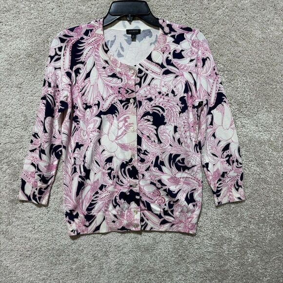 Talbots Cardigan Sweater NWOT Women's Small Pink Navy Floral Beaded Button Up‎ - Picture 1 of 7